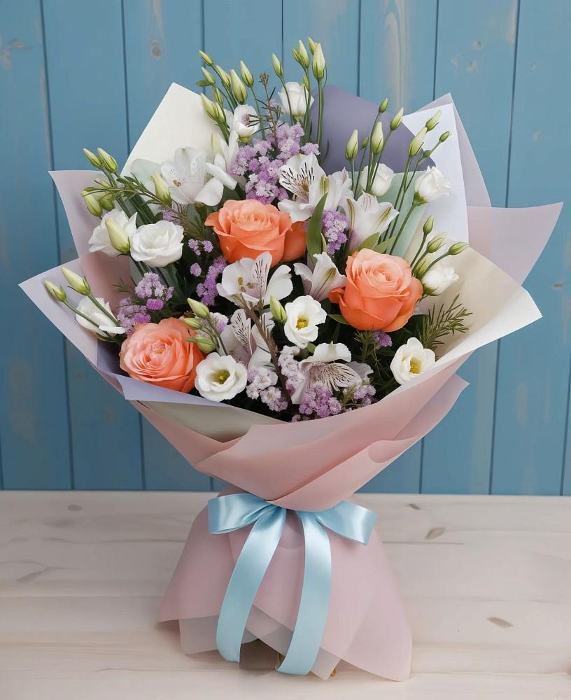 Букет цветов из: Лизиантусы, Розы, Альстромерии и Гипсофила в Белогорье
