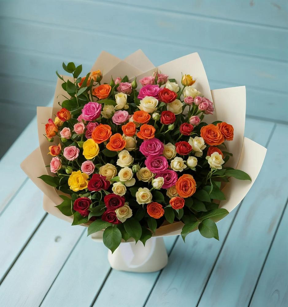 Букет Микс из разноцветных кустовых роз в Белогорье